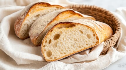 Freshly baked bread loaves sliced and arranged in a woven basket on a soft fabric background
