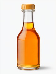 Amber liquid in a clear glass bottle with a tan cap against a white background. The bottle is short and slightly curved. The liquid is translucent