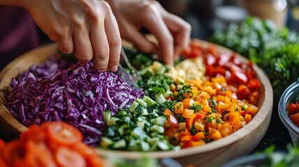 Person carefully arranging colorful chopped vegetables in wooden bowl