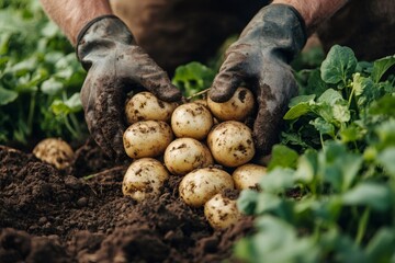Obraz premium Farmer showing freshly harvested potatoes in the field