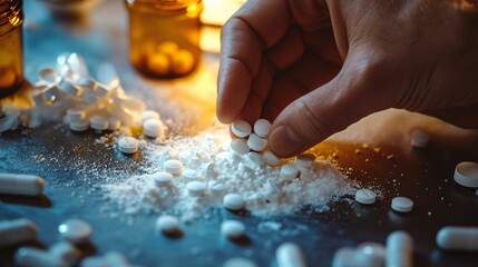 A hand reaching for white pills next to a white powder
