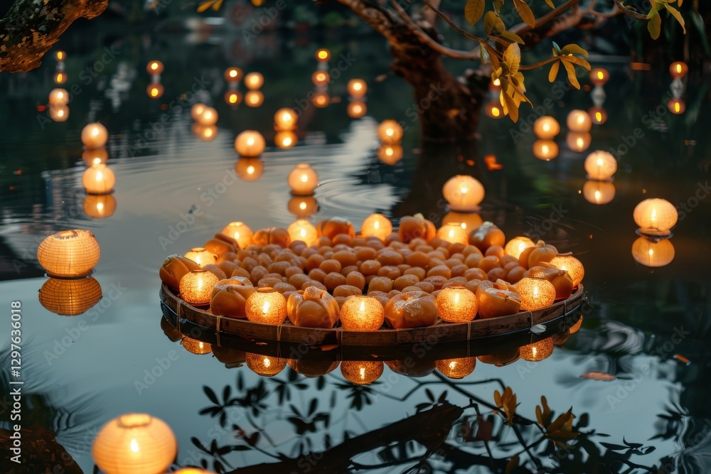 Aufkleber Floating candles illuminate a serene lake at dawn, creating a magical atmosphere with fog and reflections of nature