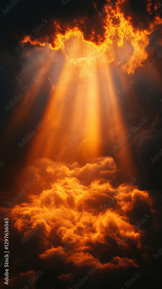 Poster dramatic sky with golden light rays piercing through dark clouds creating a celestial and ethereal a