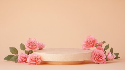 Round Beige Pedestal with Pink Roses on a Light Peach Background