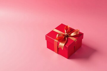 Obraz premium A crimson gift box adorned with a golden ribbon, a symbol of thoughtful appreciation and festive cheer, rests on a soft pink background.