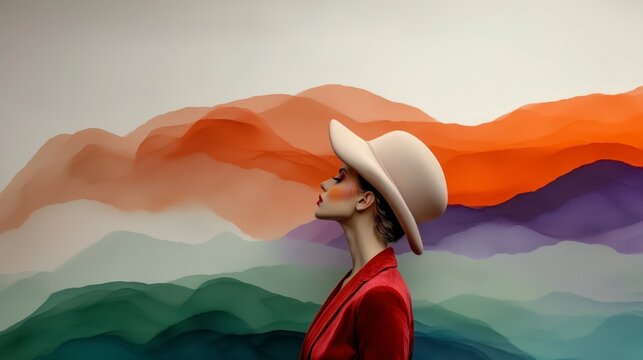 Woman in Red Blazer   Hat Against Abstract Mountain Landscape