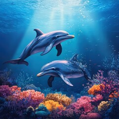 Fototapeta premium Vibrant coral reef teeming with colorful life, set against a mesmerizing deep blue sea. Diverse coral formations captivate with their myriad shapes and hues