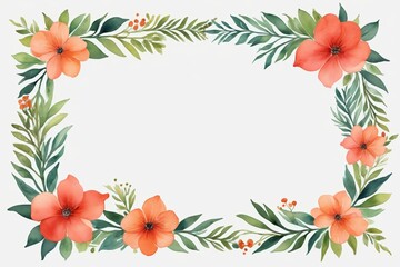 a watercolor floral frame with orange flowers and green leaves