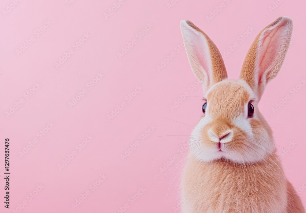 Poster light brown rabbit against a pink background. the rabbit is looking directly at the camera. there is