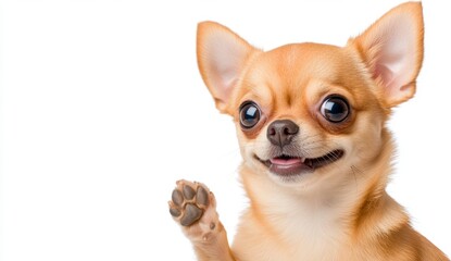 Obraz premium Adorable light brown Chihuahua puppy raises paw against white background. Happy, playful expression. Studio shot