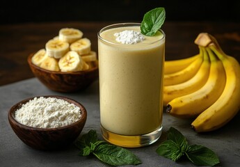 Creamy banana smoothie in a glass with fresh mint leaves, accompanied by sliced bananas and ingredients on a rustic wooden table backdrop