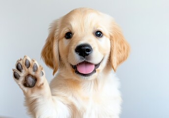 Adorable Golden Retriever puppy with paw raised in greeting against a light gray background. The puppy exhibits a joyful expression, tongue slightly