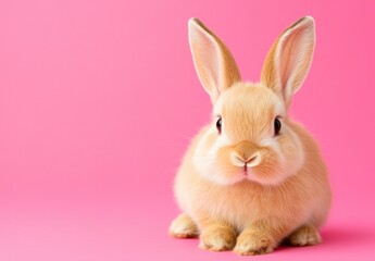 Obraz premium Adorable light brown bunny rabbit sitting against a solid pink background. The bunny is facing the camera and appears soft and fluffy