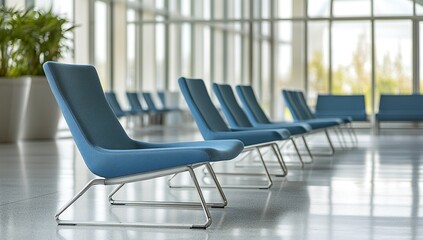 Row of Modern Blue Chairs in a Bright Waiting Room