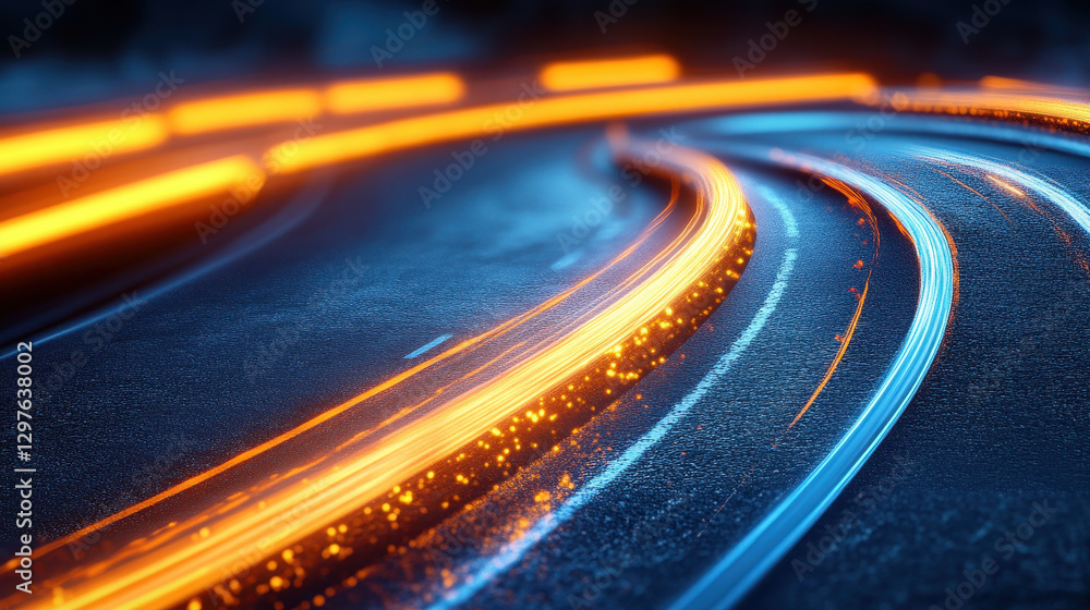 Poster close-up of a road with light trails on the curve, blurred background