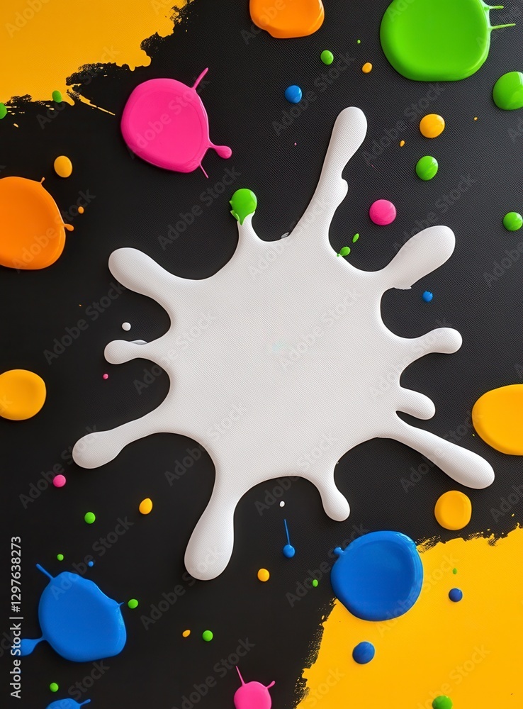 Poster abstract image featuring a large white paint splatter against a black background with smaller colorf