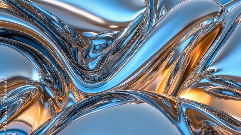 Poster abstract image of swirling metallic textures in shades of blue, silver, and gold. the background fea