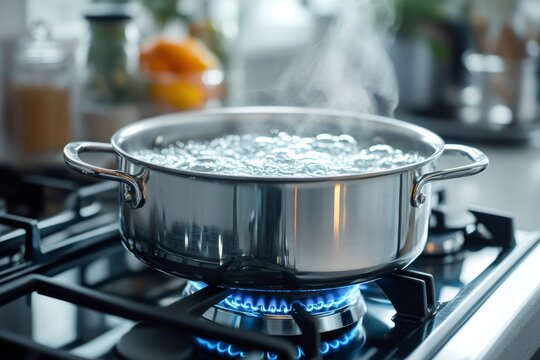 Stainless steel pot boiling water on gas stove in the kitchen