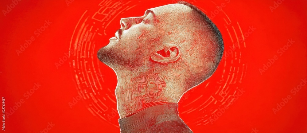 Poster abstract portrait of a man's head and shoulders, rendered in a pointillist style against a solid red