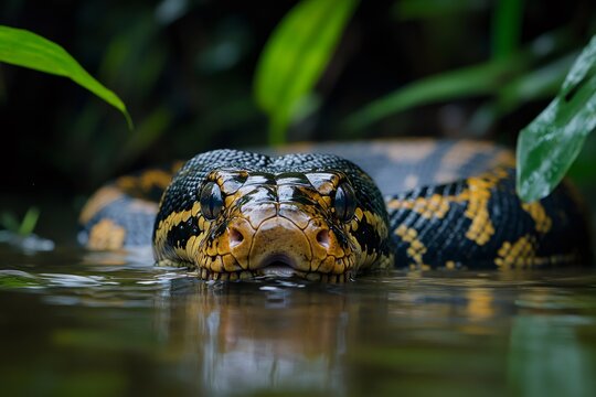 Reticulated python swimming in amazon river with green leaves
