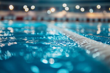 A close-up of a swimming lane divider floating in a professional pool, illuminated by bright overhead lights. A perfect image for competitive swimming themes.
