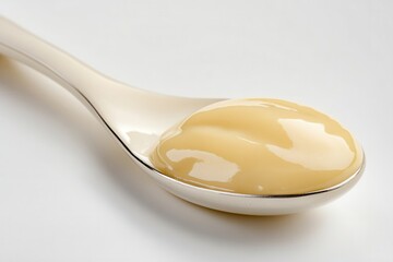 Creamy custard in a silver spoon against a white background smooth texture delicious dessert sweet treat culinary delight close up shot food photography studio light