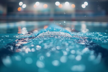 A swimming pool under artificial lighting, with rippling water reflecting the glow of the surroundings.
