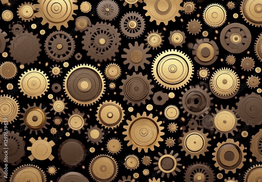 Poster abstract background with gold and brown gears of various sizes on a black background. intricate mech