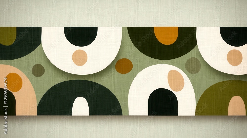 Poster abstract geometric pattern with overlapping circles in muted greens, browns, and off whites on a tex