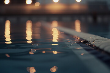 A night-time view of a pool lane marker glistening with water droplets, capturing the essence of focus and dedication in aquatic sports.