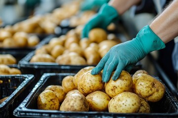 Workers sorting potatoes in boxes at a food processing plant