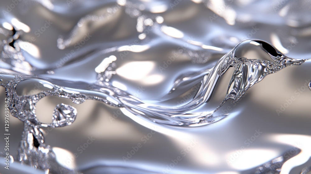 Poster abstract close up of flowing metallic liquid with silver and gray tones, creating a dynamic and refl