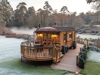 Frosty morning, wooden wagon retreat