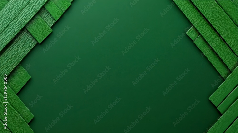 Poster abstract green background with a frame of dark green wooden planks arranged in a geometric pattern. 