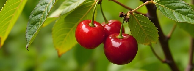 Obraz premium Close-up of ripe red cherries on a tree with green leaves in a garden
