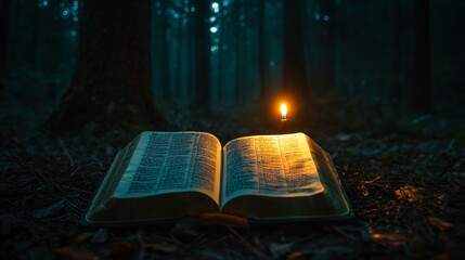 Open Bible Illuminated by Candlelight in Dark Forest at Night