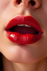Obraz premium Close-up of female lips with glossy red lipstick