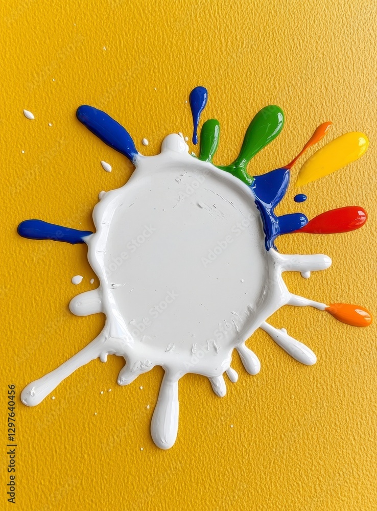 Poster abstract image of a white paint splatter with colorful accents on a yellow background. the splatter 