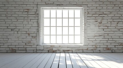 Minimalist interior with a rustic white brick wall, large window, and wooden floor, featuring natural sunlight streaming through, creating a bright and airy atmosphere.

