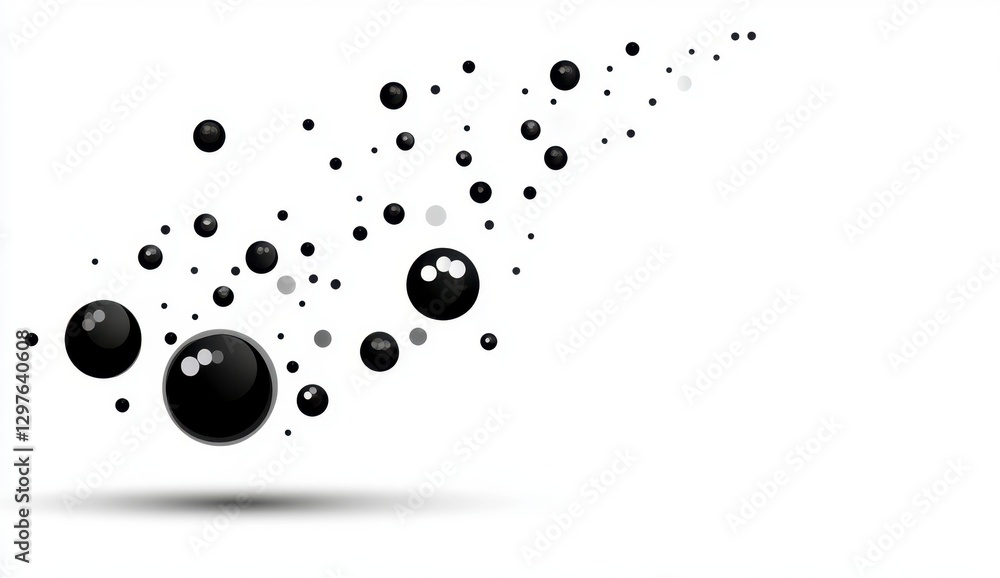 Poster abstract image featuring black spheres of varying sizes scattered on a white background, creating a 
