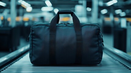 Stylish Black Duffel Bag on Conveyor Belt in Modern Airport Terminal with Blurred Background