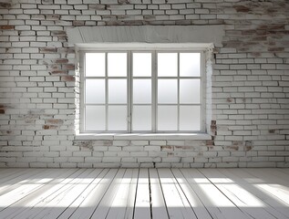 Minimalist interior with a rustic white brick wall, large window, and wooden floor, featuring natural sunlight streaming through, creating a bright and airy atmosphere.

