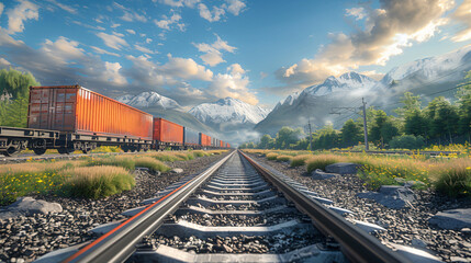 Obraz premium a large scale freight train loaded with containers on tracks stretching into the distance.