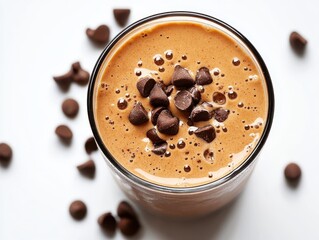 Creamy chocolate smoothie topped with chocolate chips in a transparent glass on a white background with scattered chocolate chips around