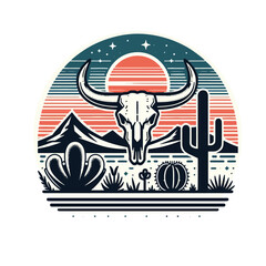 vector bull skull, cacti, mountains, and a setting sun t-shirt