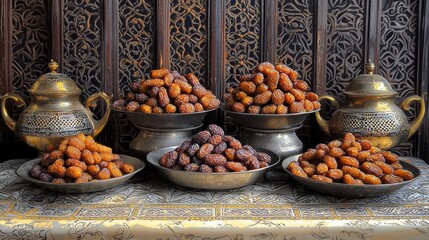 Delicious date varieties displayed on antique platters traditional market food photography warm atmosphere close-up culinary delights