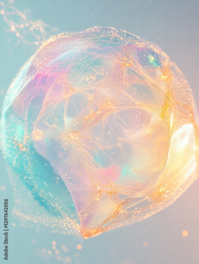 Poster Beautiful iridescent bubble with colorful reflections floating in a serene atmosphere. Generative AI