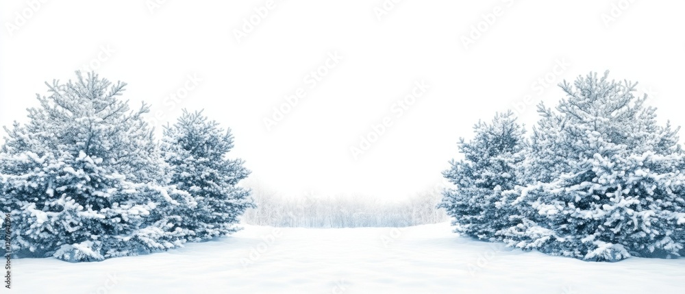 Poster serene winter landscape with snow covered evergreen trees and a path leading to a distant forest in 