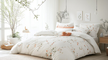 Serene Bedroom Oasis: A tranquil bedroom is bathed in soft, natural light, featuring a cozy bed adorned with delicate floral bedding, evoking a sense of peace and relaxation. 