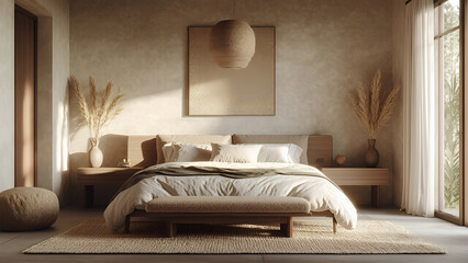 cozy, minimalist bedroom with neutral tones features wooden bed, soft bedding, and natural decor elements like pampas grass, creating serene and inviting atmosphere